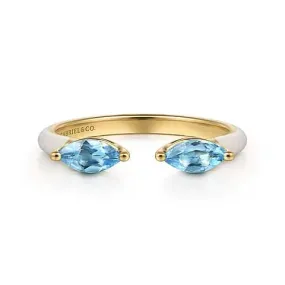 Gabriel & Co. Marquise Blue Topaz Open Stackable Ring in White Enamel and 14K Yellow Gold