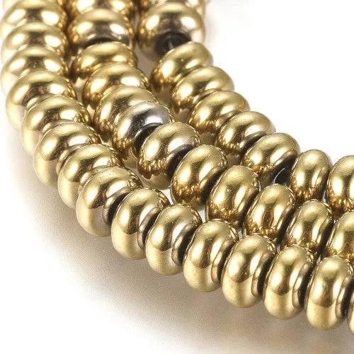 Gemstone Beads, Hematite, Synthetic, Non-Magnetic, Electroplated, Rondelle, Gold Plated, 4mm