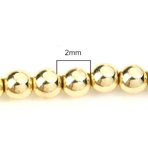 Gemstone Beads, Hematite, Synthetic, Non-Magnetic, Electroplated, Round, Gold Plated, 2mm