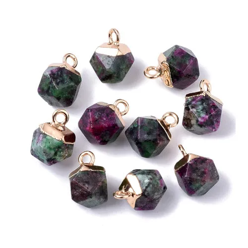 Gemstone Charms, Natural, Ruby in Zoisite, Faceted, Gold Plated, Iron, Drop, 12mm