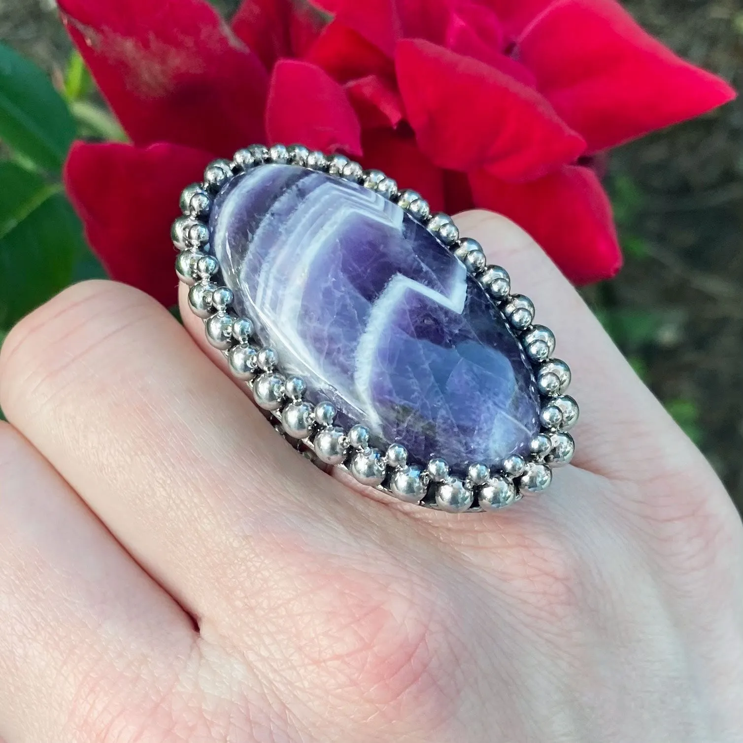 GEMSTONE Large Oval Chevron Amethyst Ring: Size 7.5