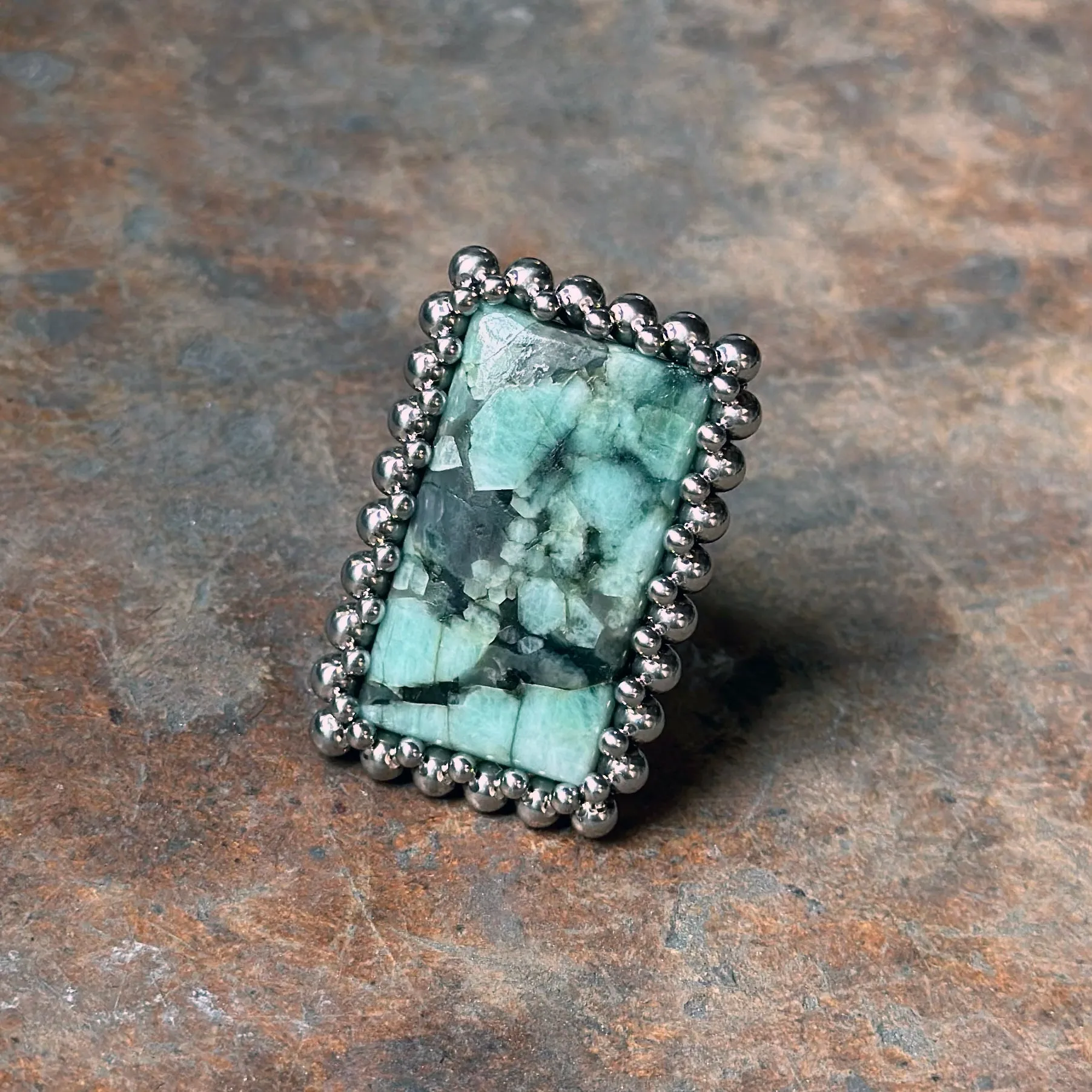 GEMSTONE Large Rectangular Emerald in Black Matrix Ring: Size 9-9.25