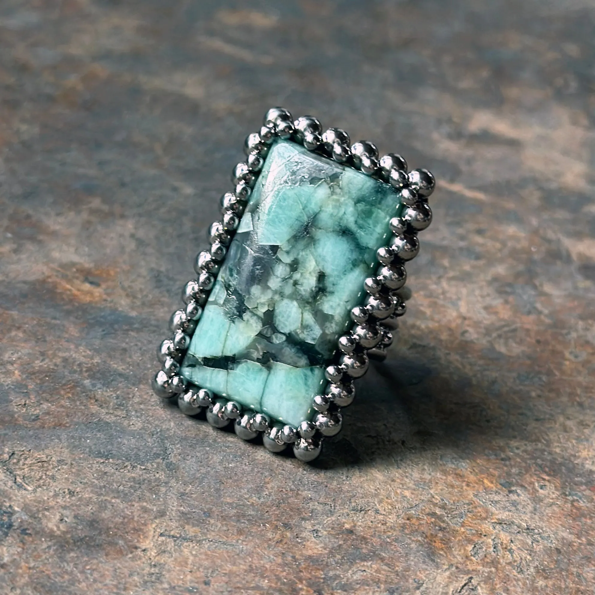 GEMSTONE Large Rectangular Emerald in Black Matrix Ring: Size 9-9.25