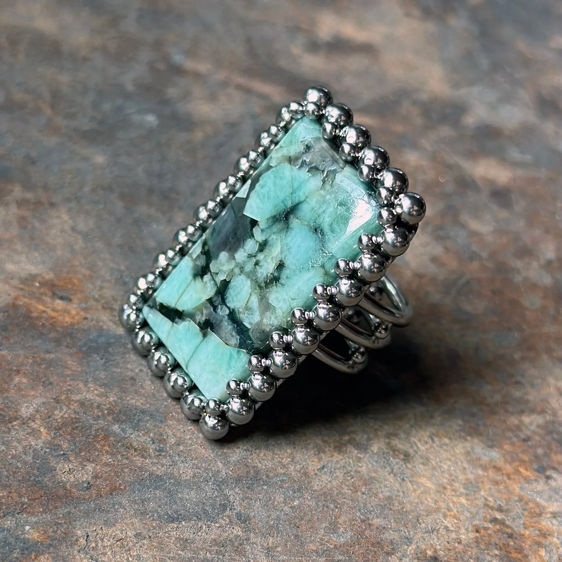 GEMSTONE Large Rectangular Emerald in Black Matrix Ring: Size 9-9.25