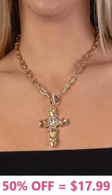 Gold Toggle Necklace with Bling Champagne ornate cross pendant