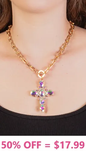 Gold Toggle Necklace with bling ornate cross pendant