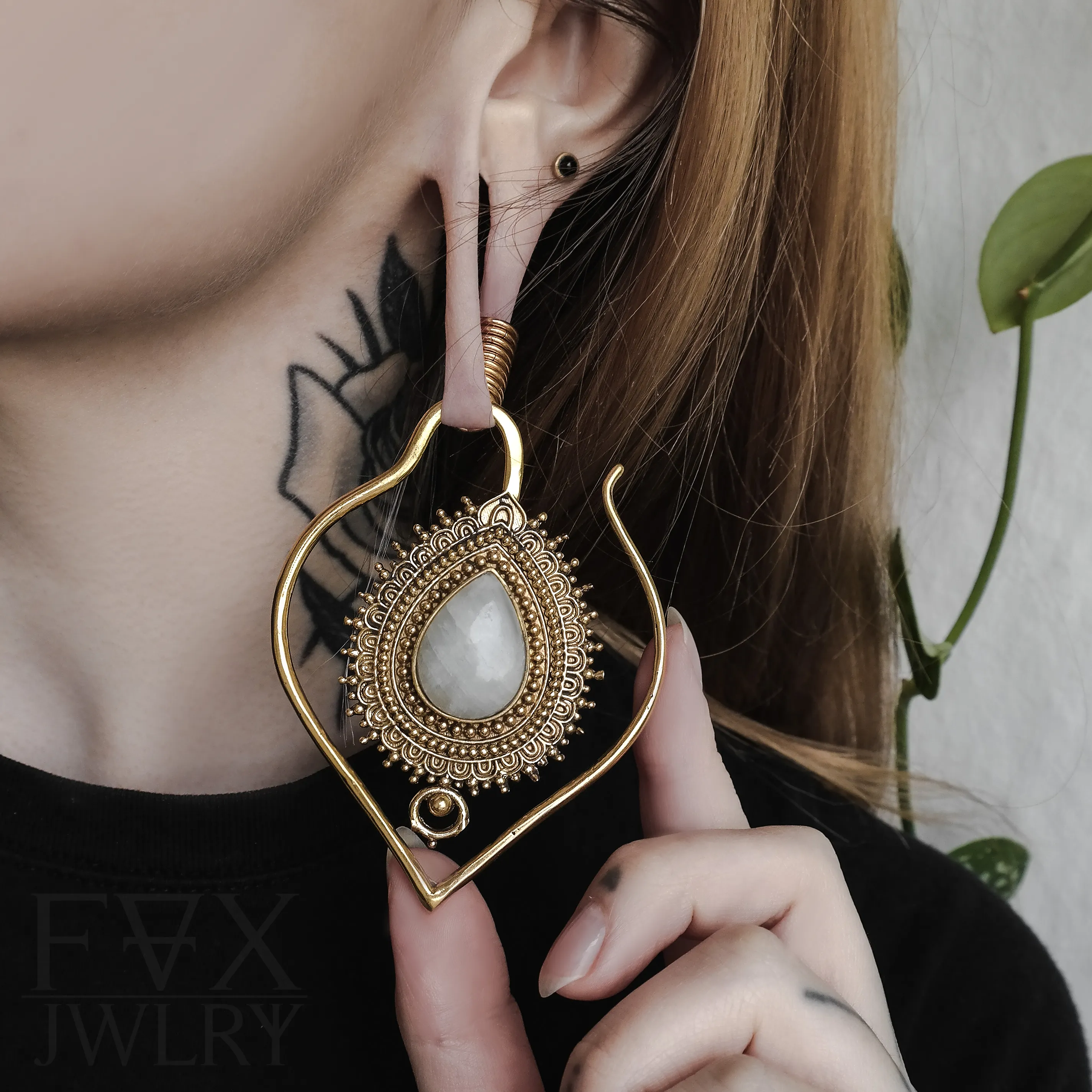 Golden Sacrament Ear Hangers - Moonstone