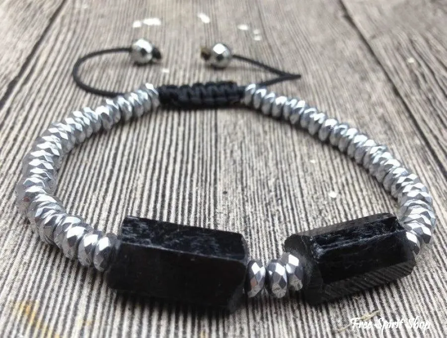 Handmade Natural Black Toumaline & Hematite Gemstone Beads Bracelet