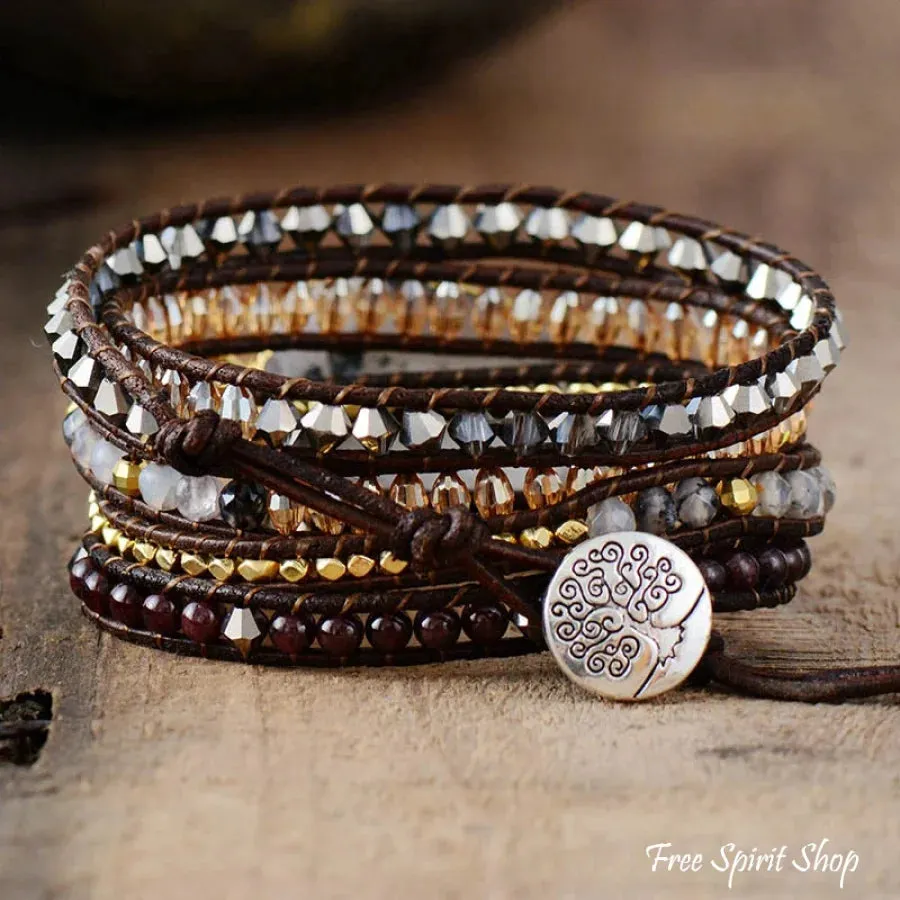 Handmade White Druzy & Crystal Beads Leather Wrap Bracelet