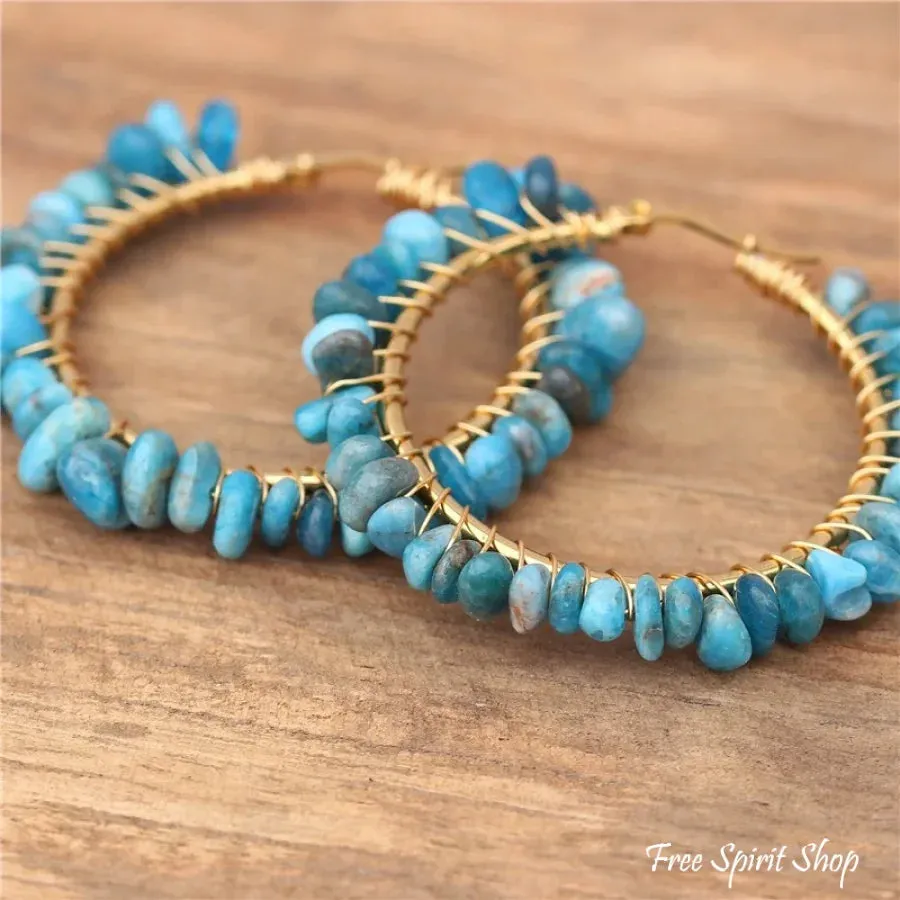 Irregular Blue Apatite Gemstone Circle Earrings