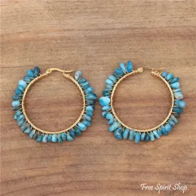 Irregular Blue Apatite Gemstone Circle Earrings