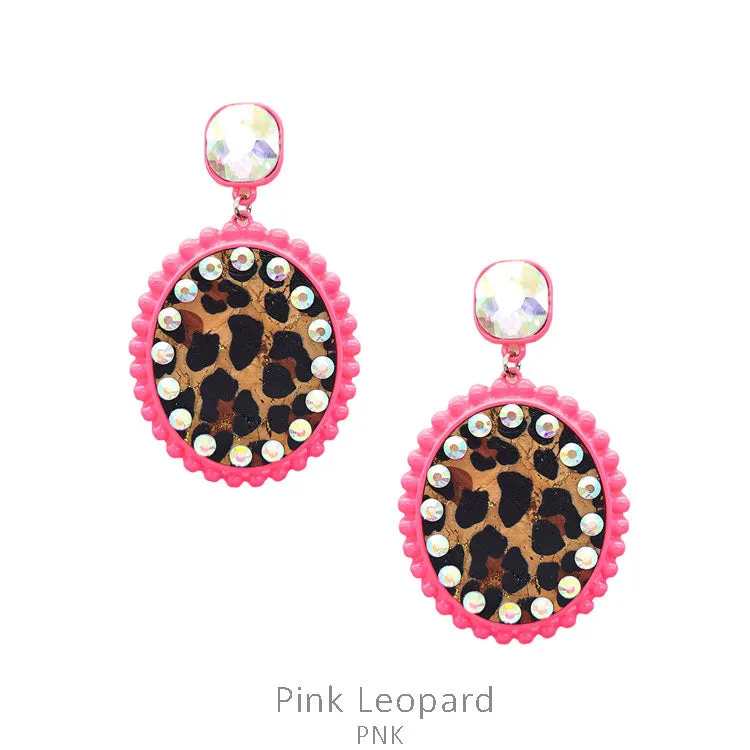 Leopard Oval with Rhinestone & Neon Pink trim earrings