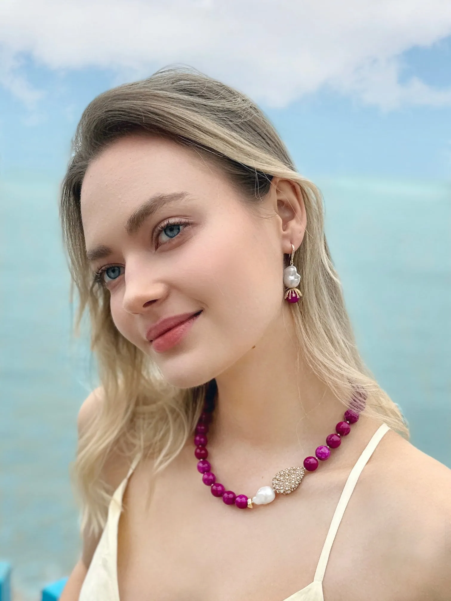 Magenta Gemstone with Baroque Pearl Pendant Statement Necklace LN013