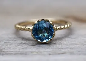 Melrose 7mm Topaz 14k Yellow Gold Round Blue Engagement Ring Crown Vintage Design Rope Classic November Birthstone