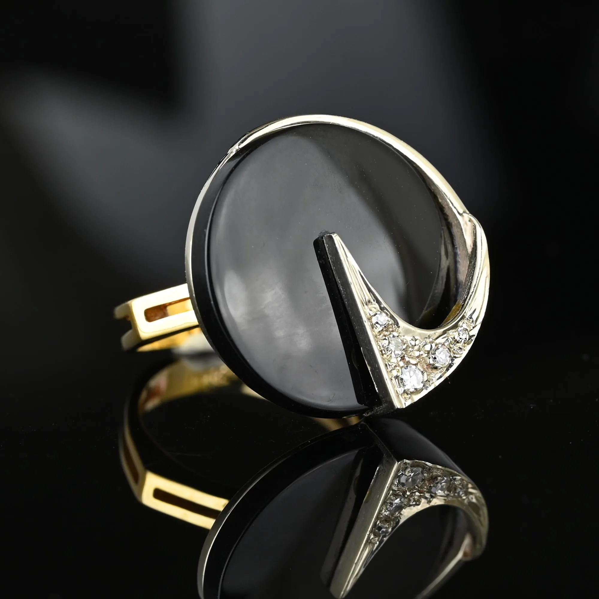 Modernist 14K Gold Diamond Onyx Ring, Euro Shank