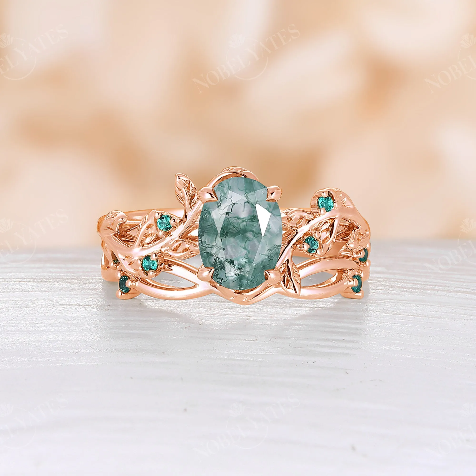 Moss Agate & Lab Emerald Nature Inspired Branch Leaf Bridal Set Rose Gold