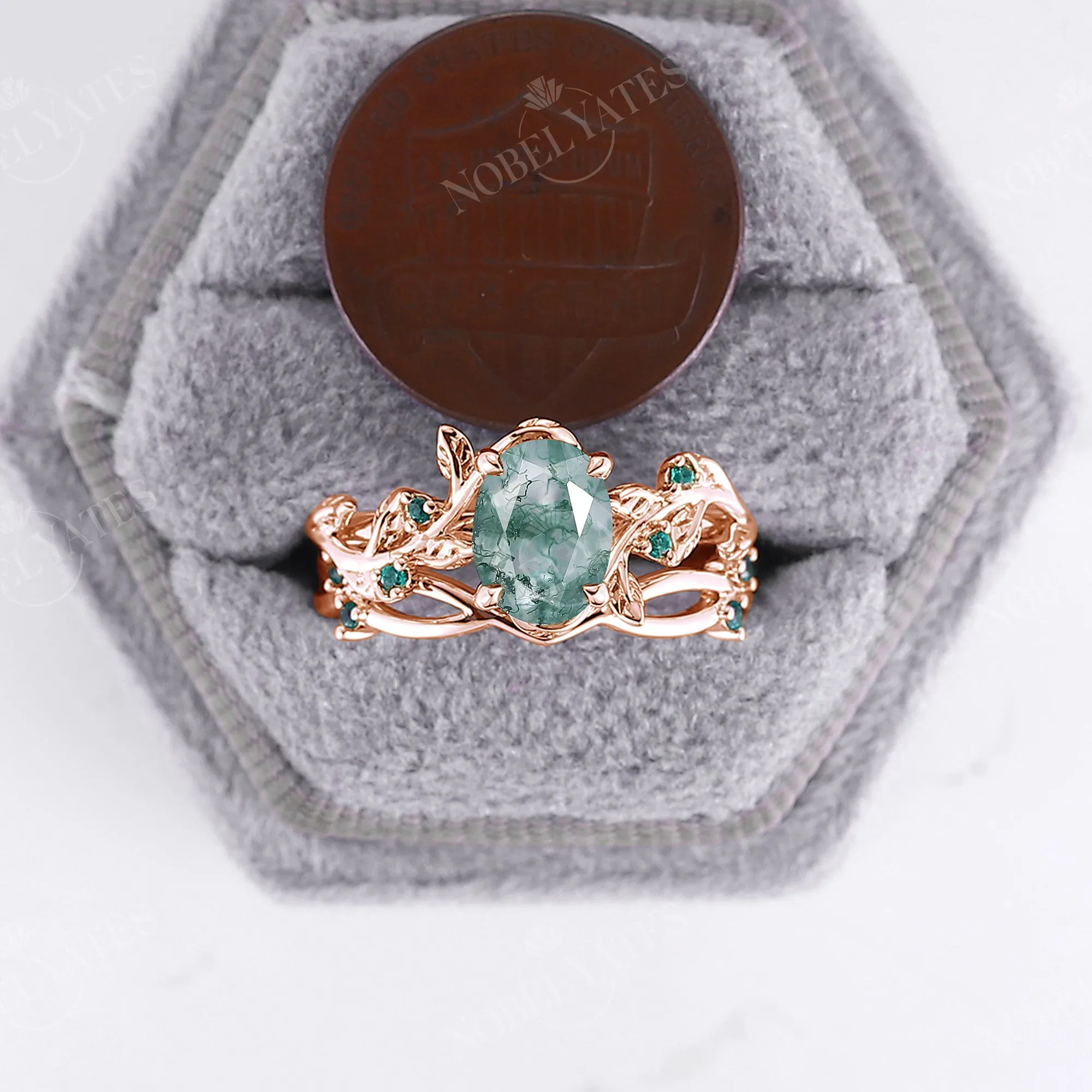 Moss Agate & Lab Emerald Nature Inspired Branch Leaf Bridal Set Rose Gold