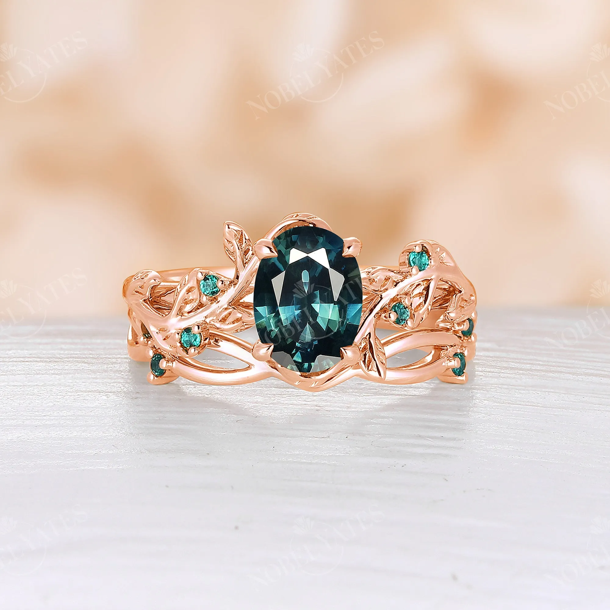 Moss Agate & Lab Emerald Nature Inspired Branch Leaf Bridal Set Rose Gold