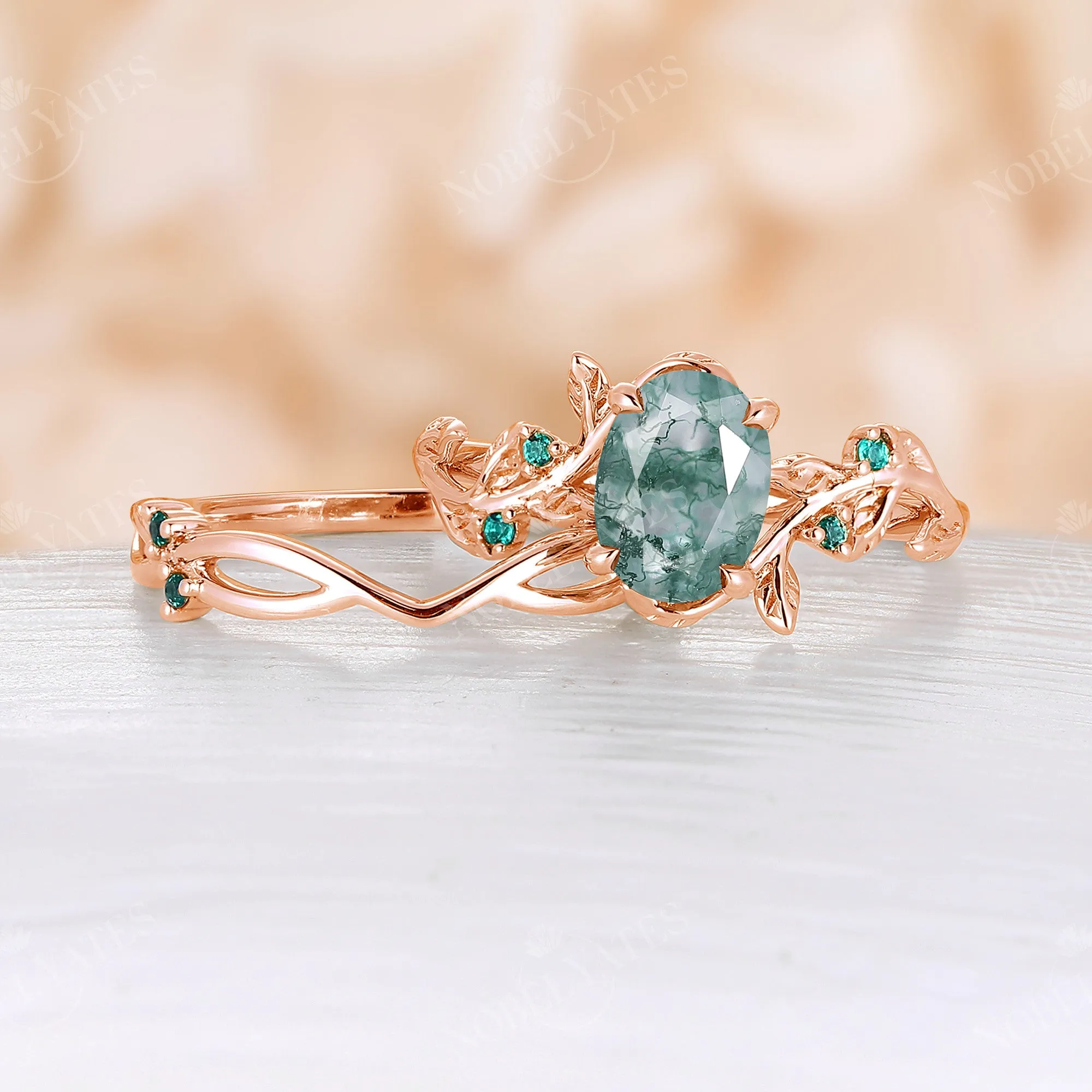 Moss Agate & Lab Emerald Nature Inspired Branch Leaf Bridal Set Rose Gold