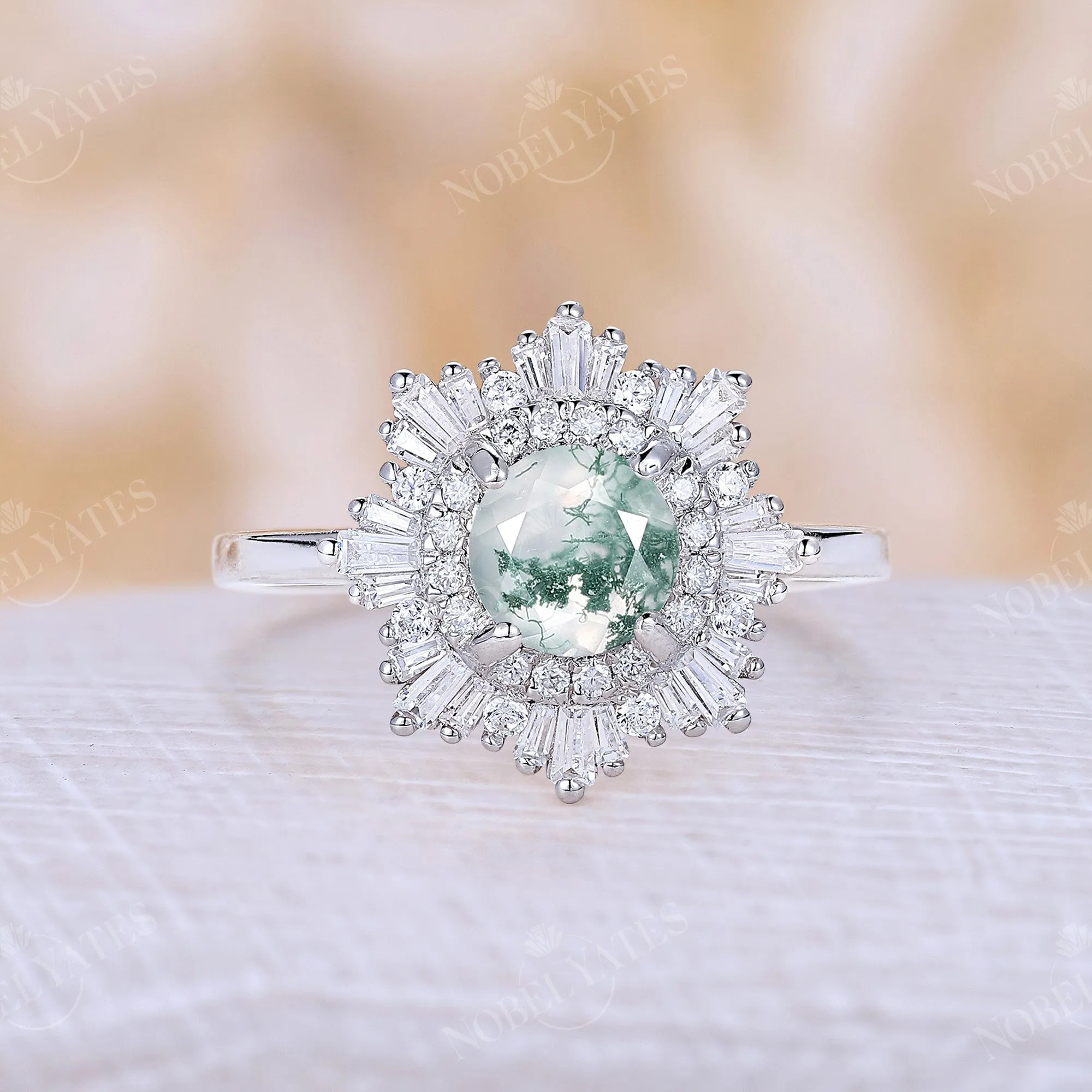 Moss Agate Art Deco Round Halo Engagement Ring White Gold