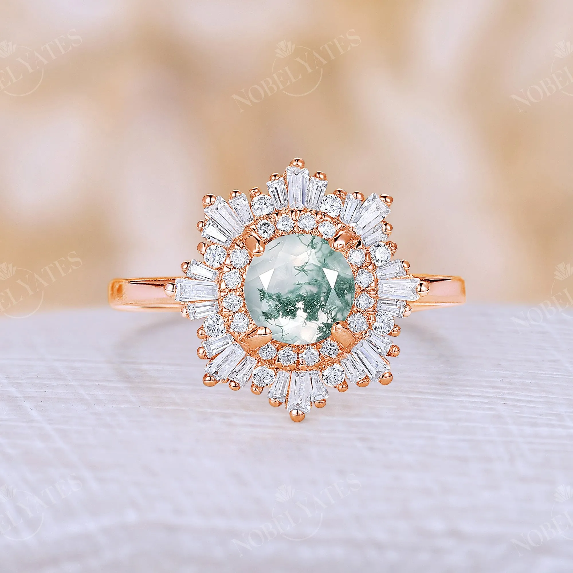 Moss Agate Art Deco Round Halo Engagement Ring White Gold