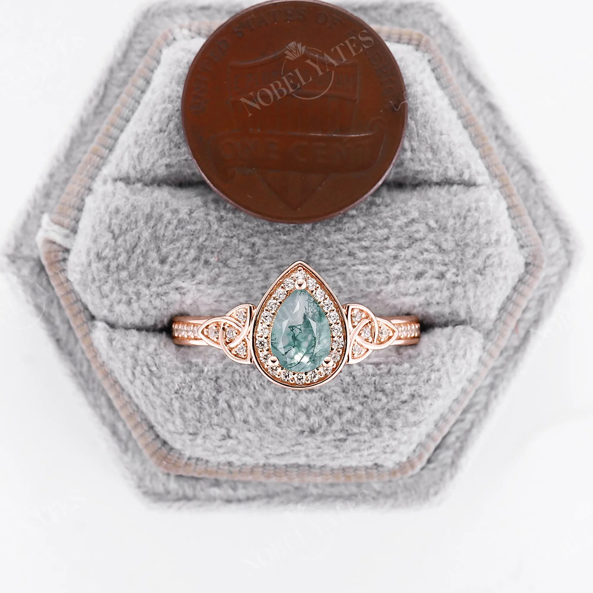 Moss Agate Moissanite Halo Engagement Ring Celtic Rose Gold