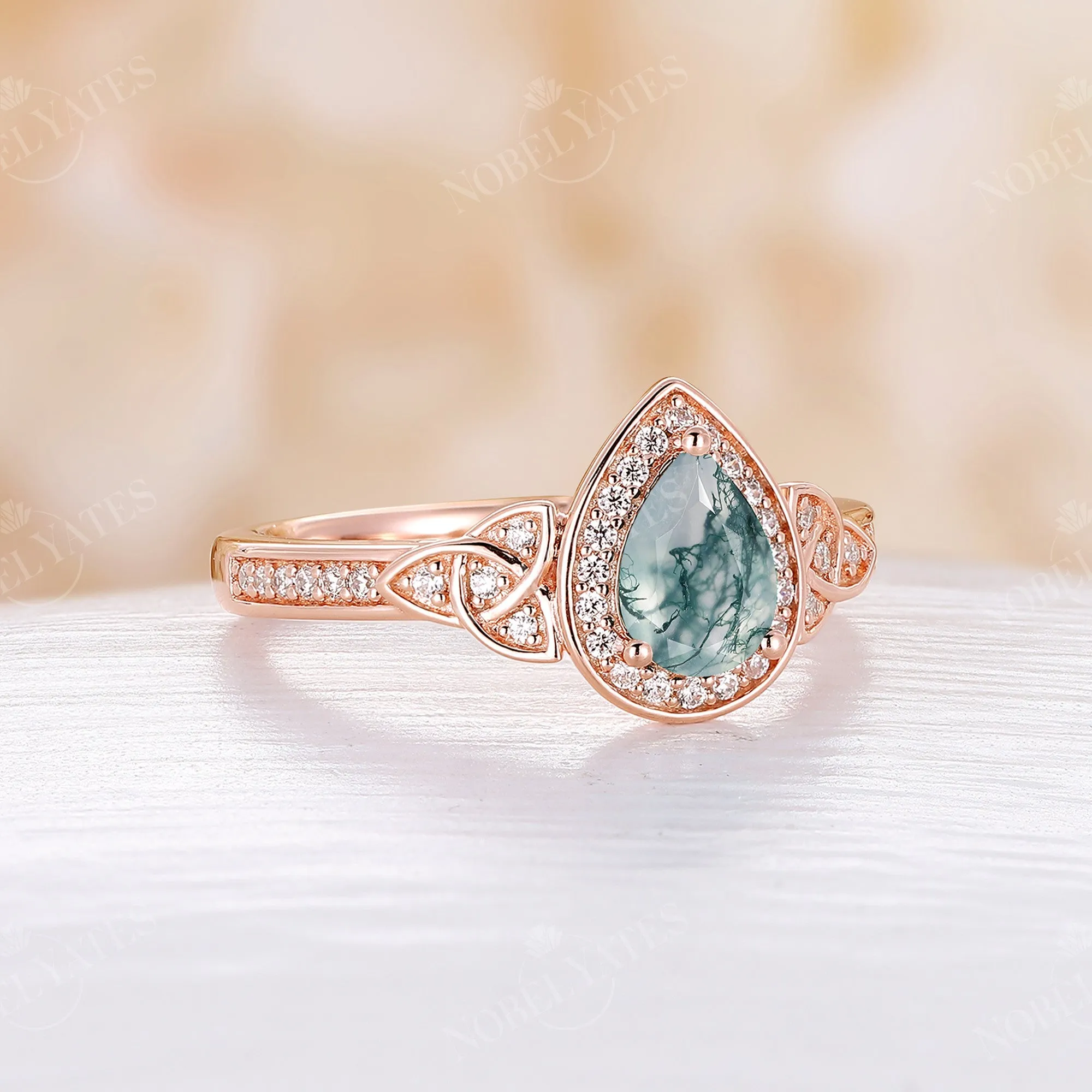 Moss Agate Moissanite Halo Engagement Ring Celtic Rose Gold