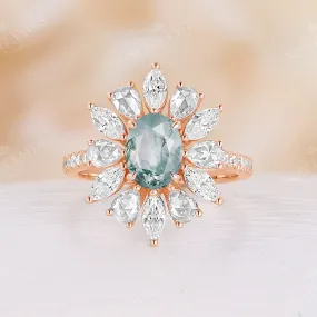 Moss Agate Oval Shape Unique Marquise & Pear Moissanite Halo Ring