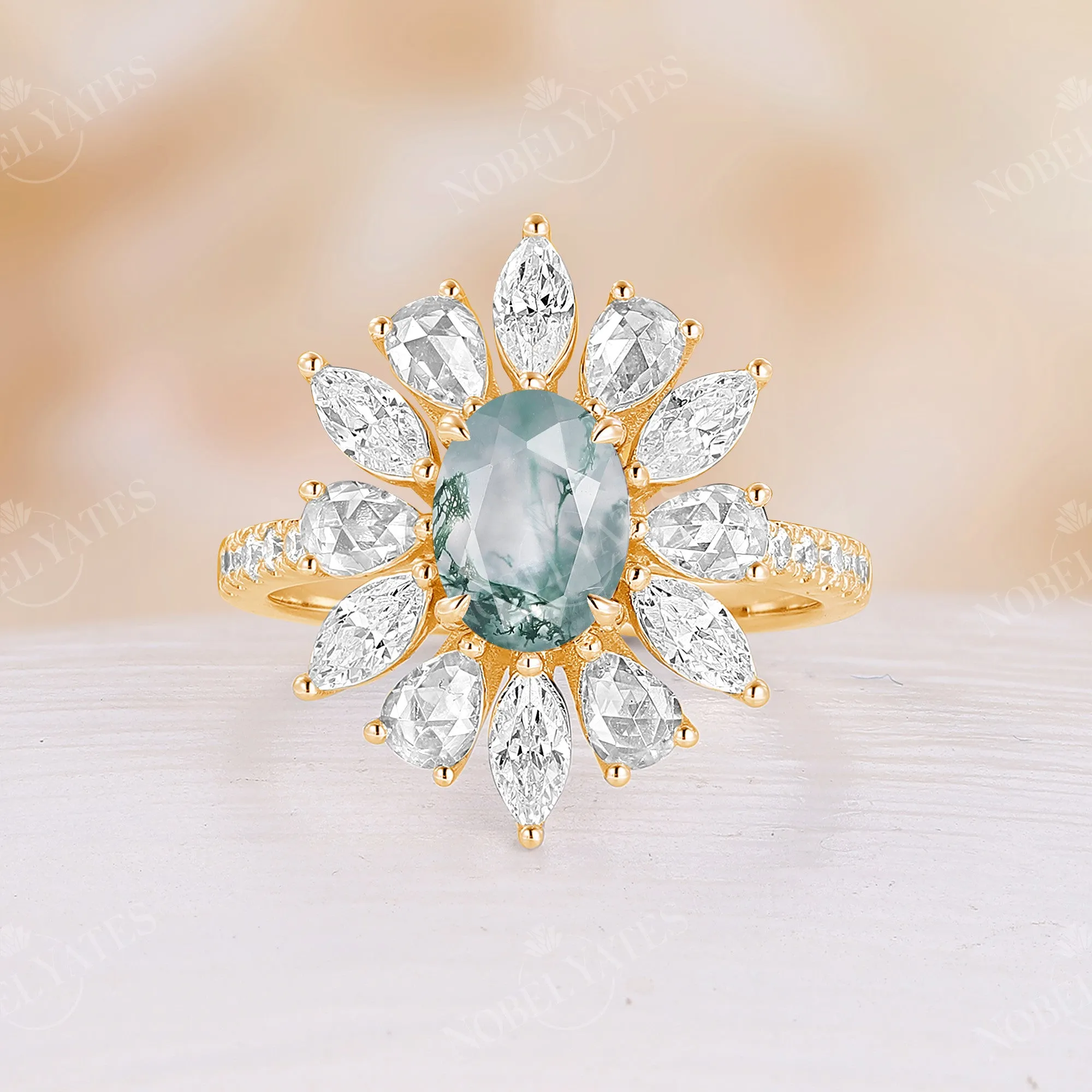 Moss Agate Oval Shape Unique Marquise & Pear Moissanite Halo Ring