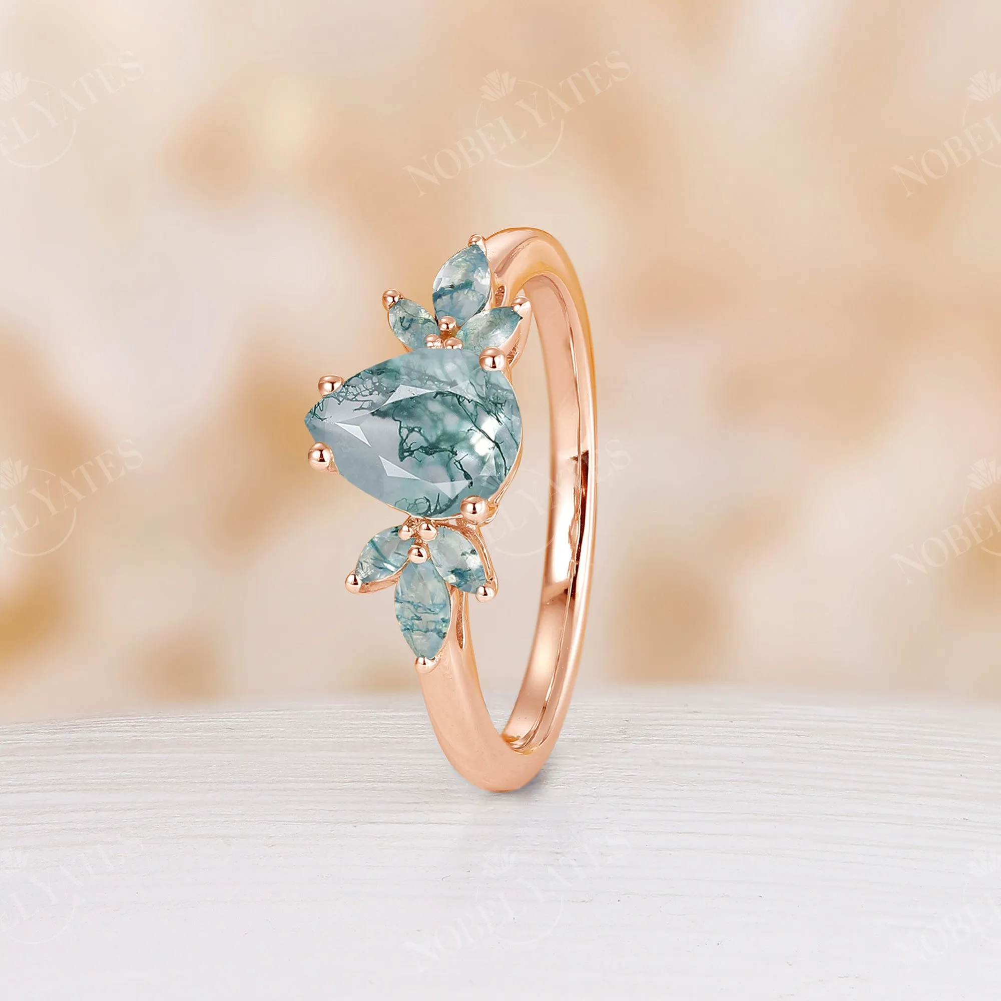 Moss Agate Pear&Marquise Leaf Rose Gold Engagement Ring