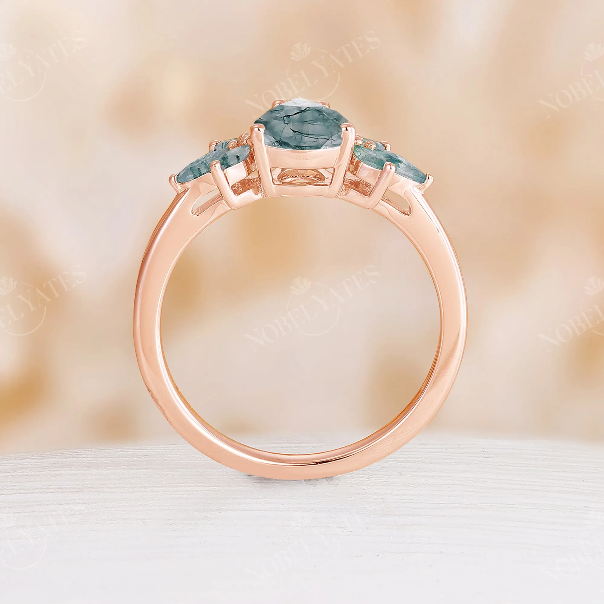 Moss Agate Pear&Marquise Leaf Rose Gold Engagement Ring