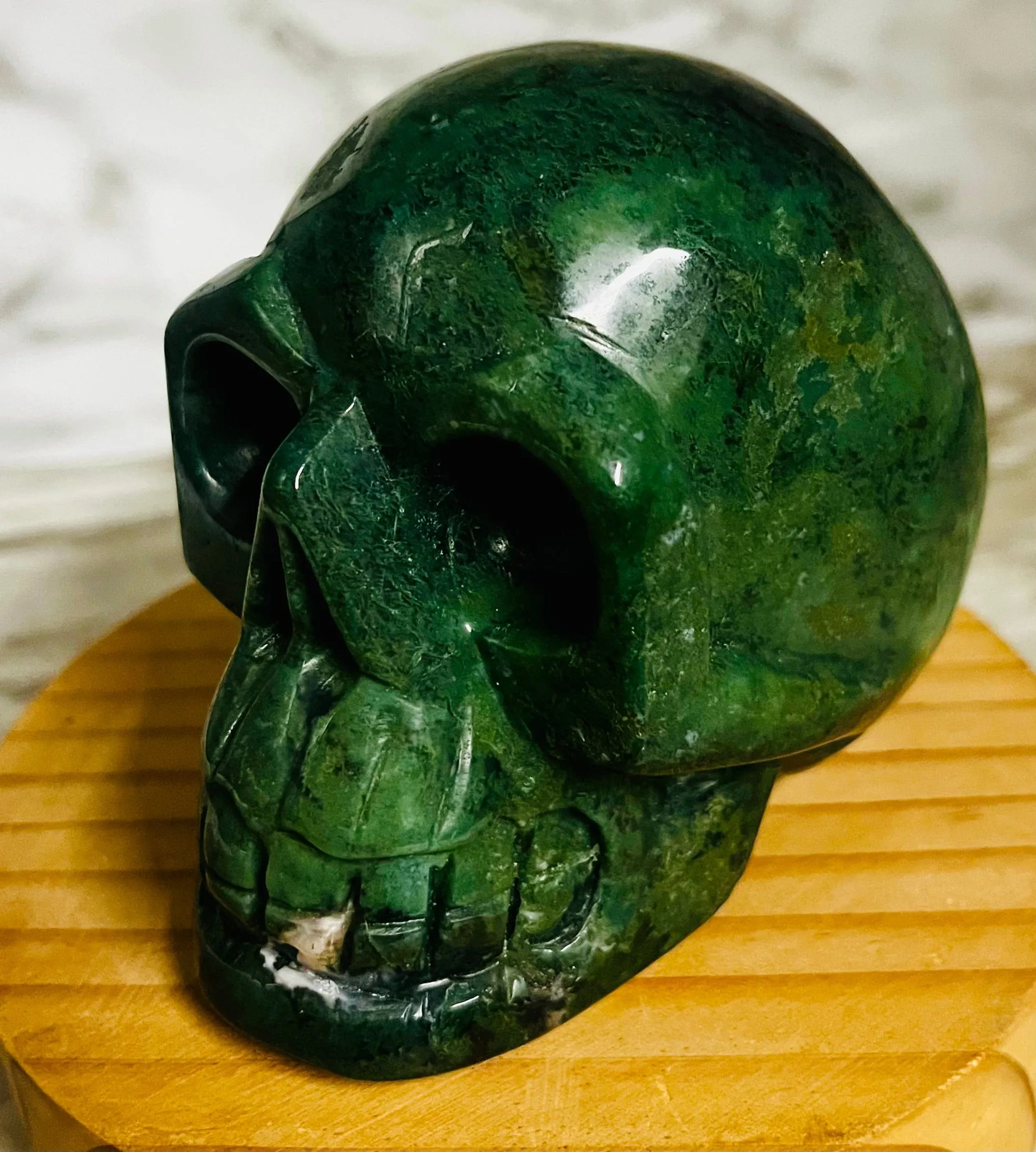 Moss Agate Skull Carving