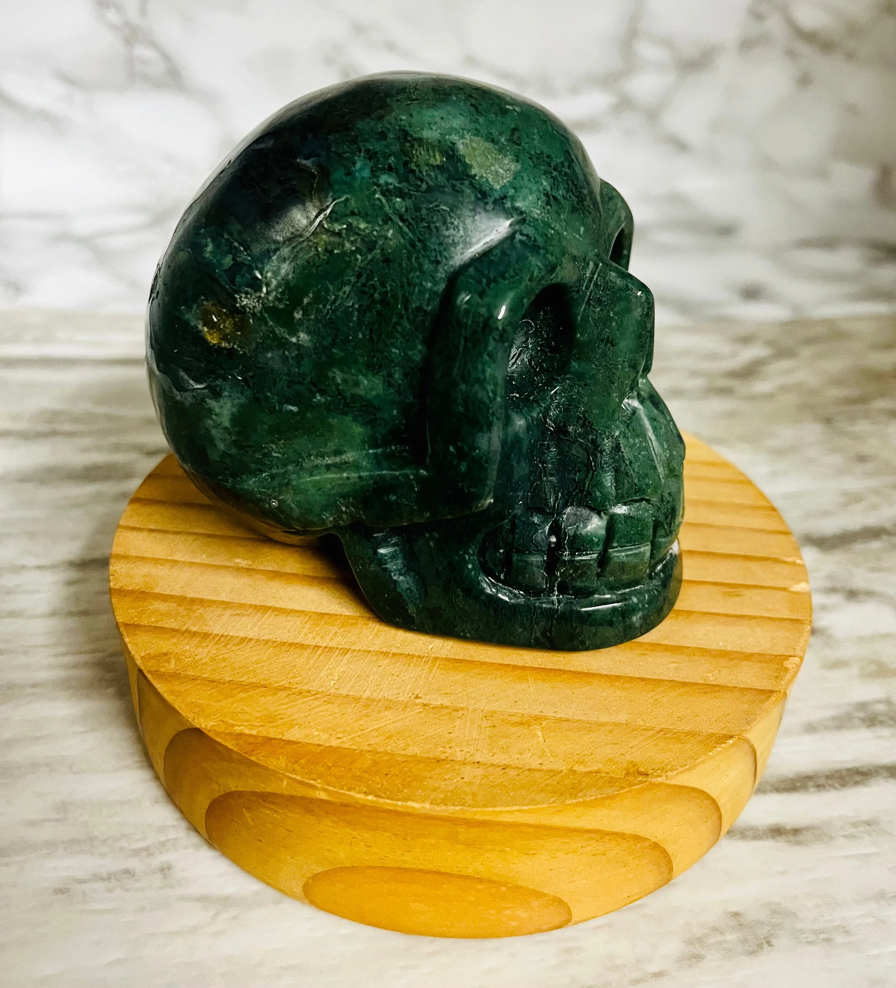 Moss Agate Skull Carving