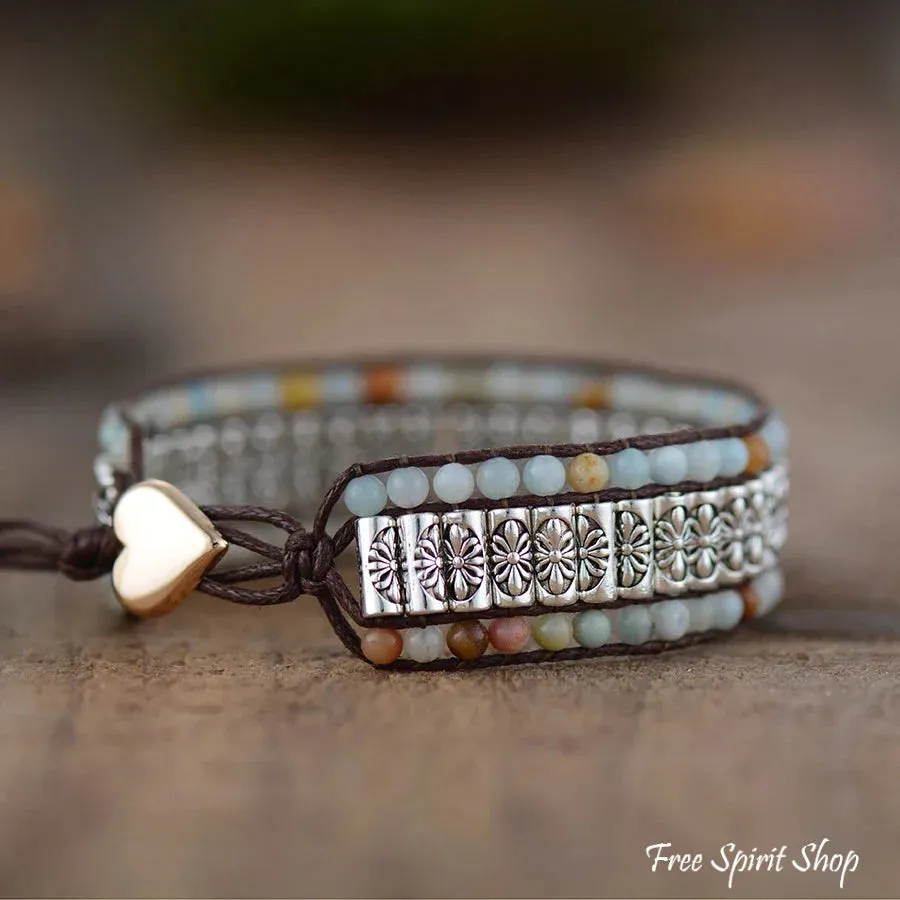 Natural Amazonite & Metal Beaded Wrap Bracelet