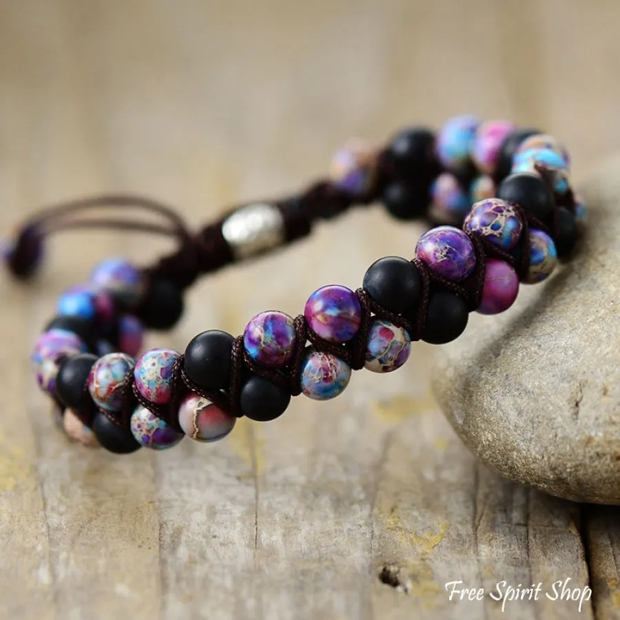 Natural Black Onyx & Purple Jasper Braided Bracelet