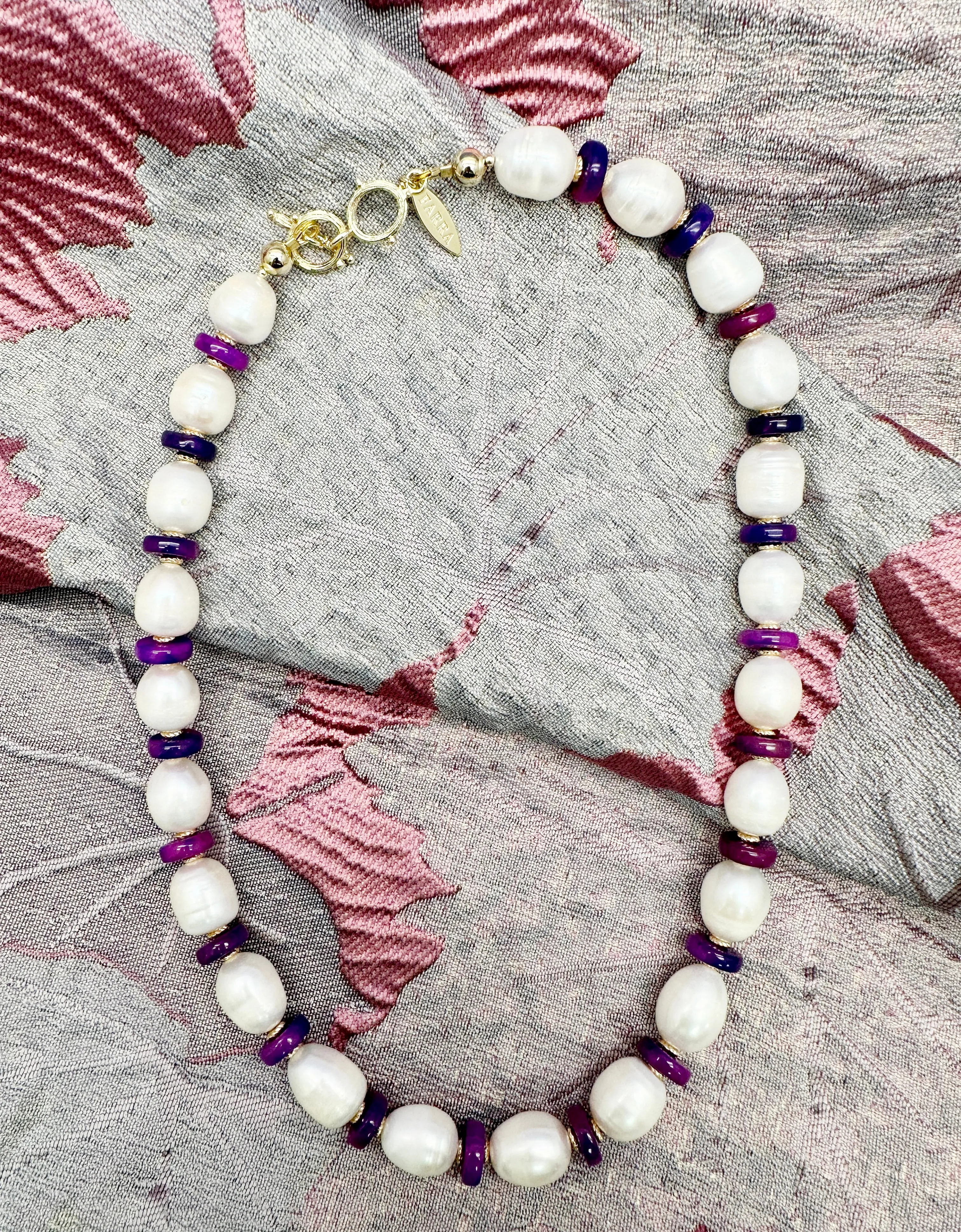 Natural Cultured Freshwater Pearls with Purple Gemstone Necklace LN011