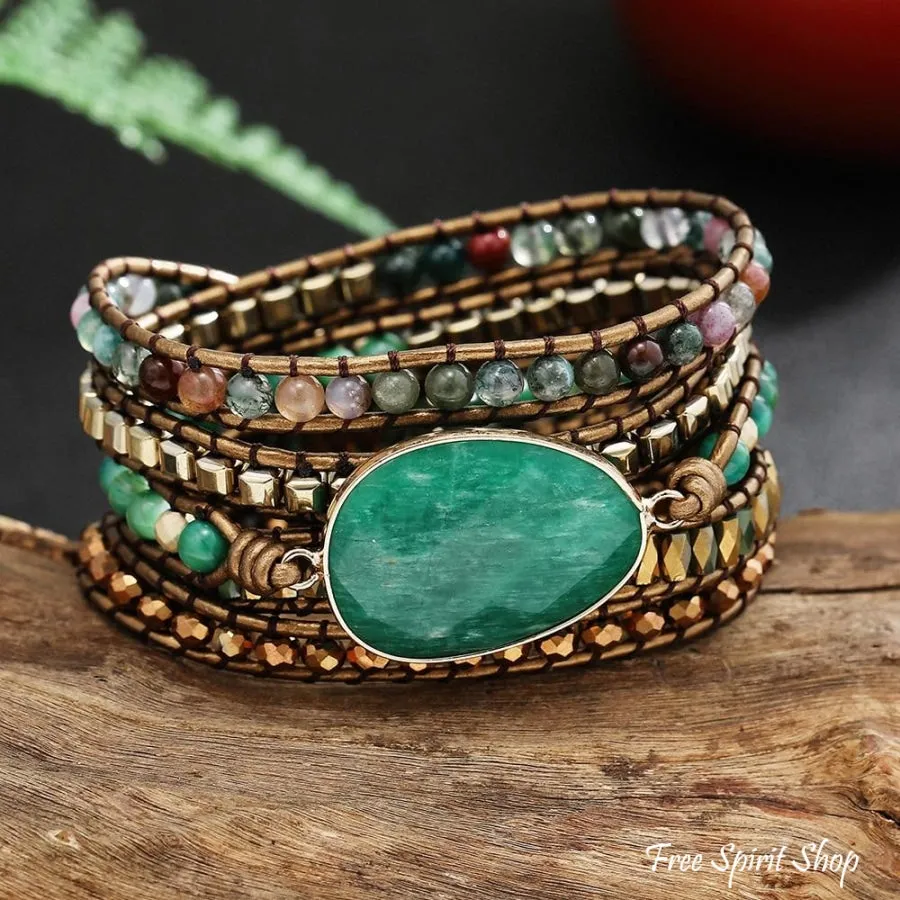 Natural Green Aventurine & Indian Agate Beaded Wrap Bracelet