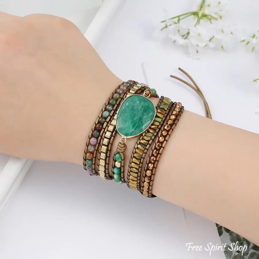 Natural Green Aventurine & Indian Agate Beaded Wrap Bracelet