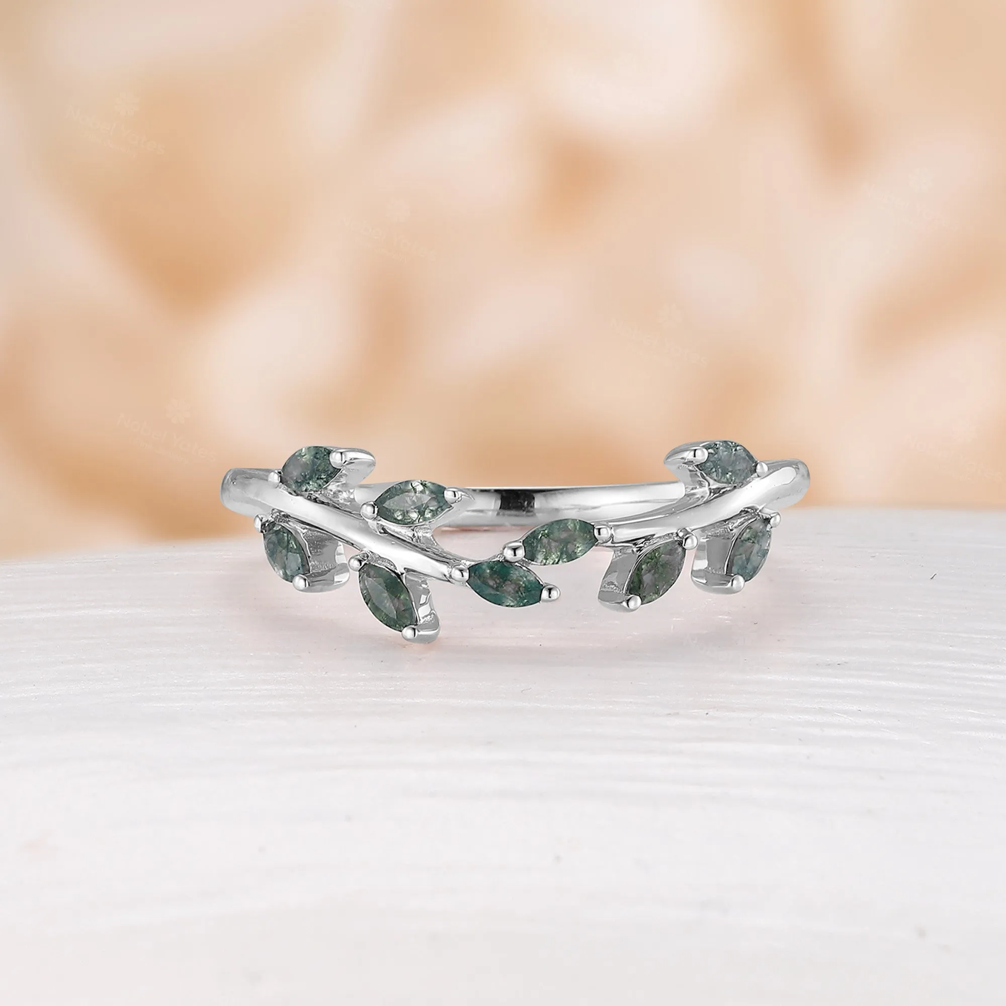 Nature Inspired  Moss Agate Marquise Leaf Curved Wedding Band Yellow Gold