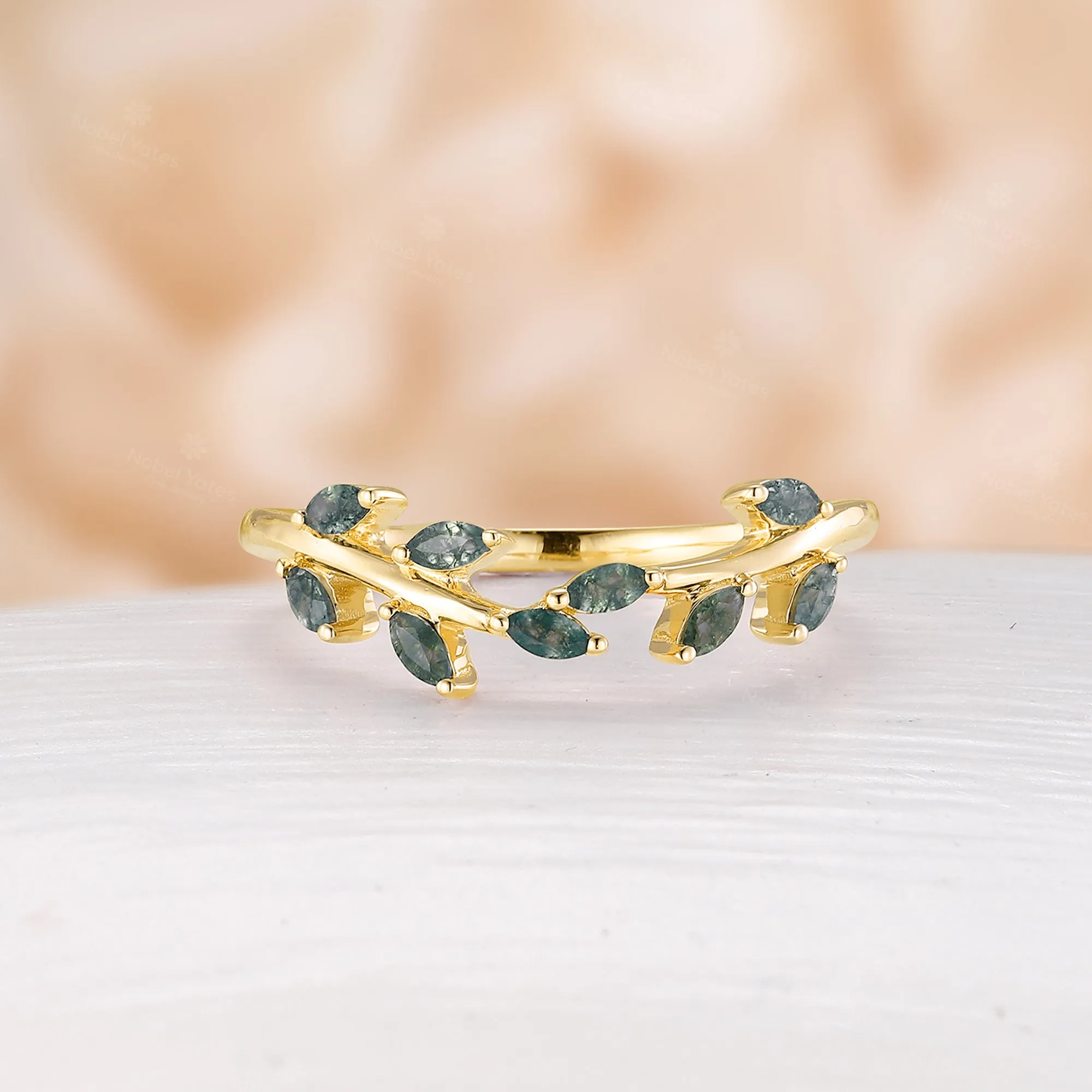 Nature Inspired  Moss Agate Marquise Leaf Curved Wedding Band Yellow Gold