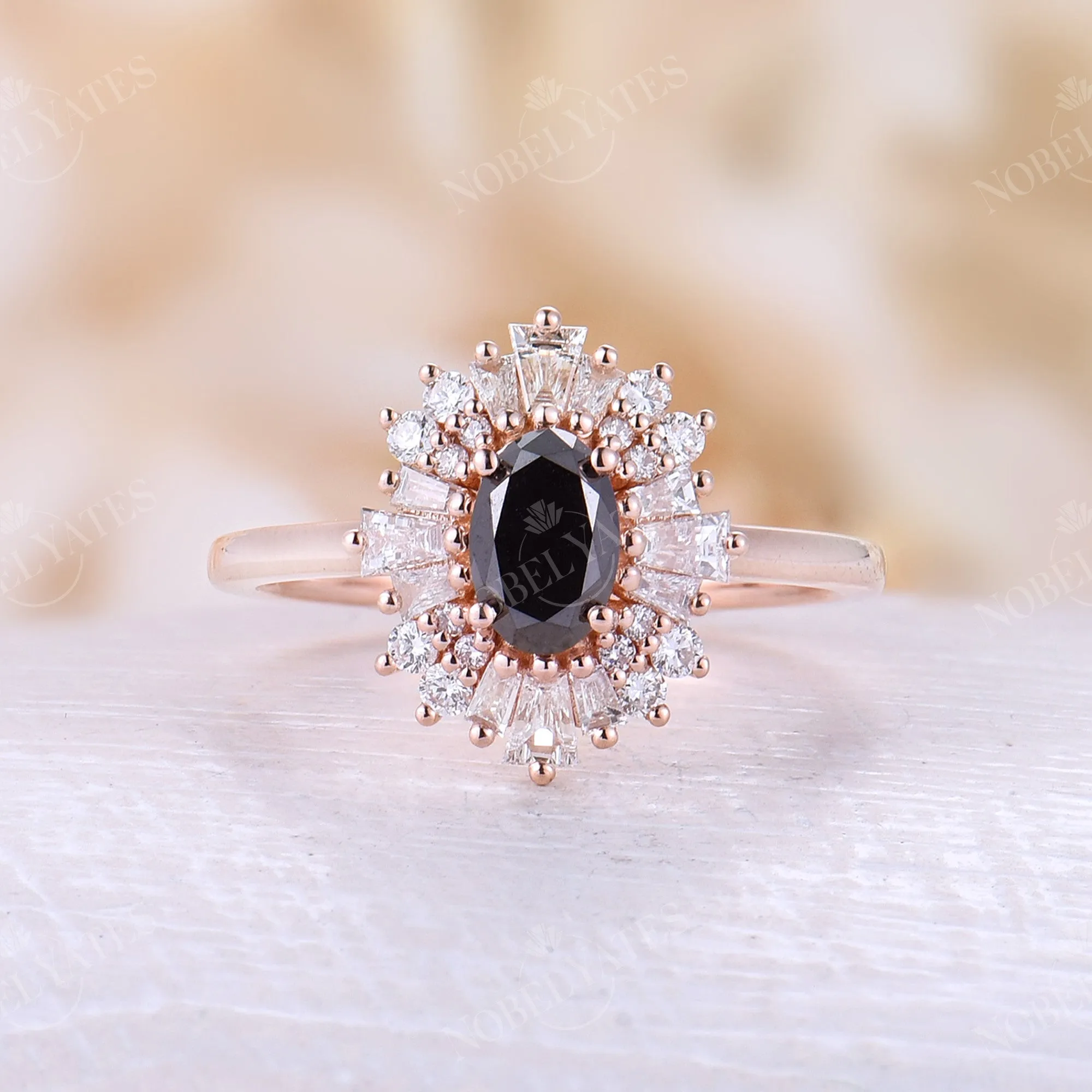 Oval Shape Black Onyx Rose Gold Halo Engagement Ring Art Deco