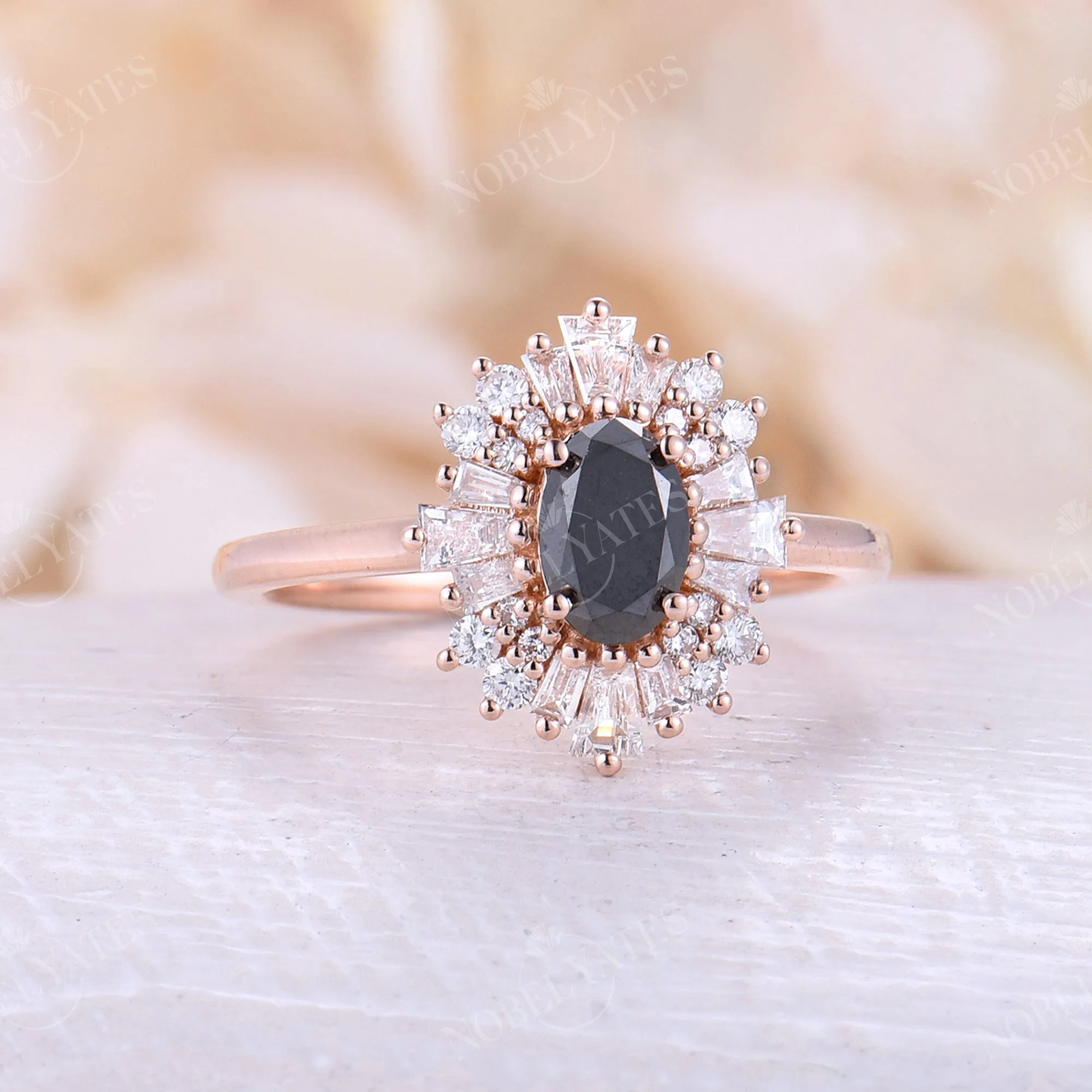 Oval Shape Black Onyx Rose Gold Halo Engagement Ring Art Deco