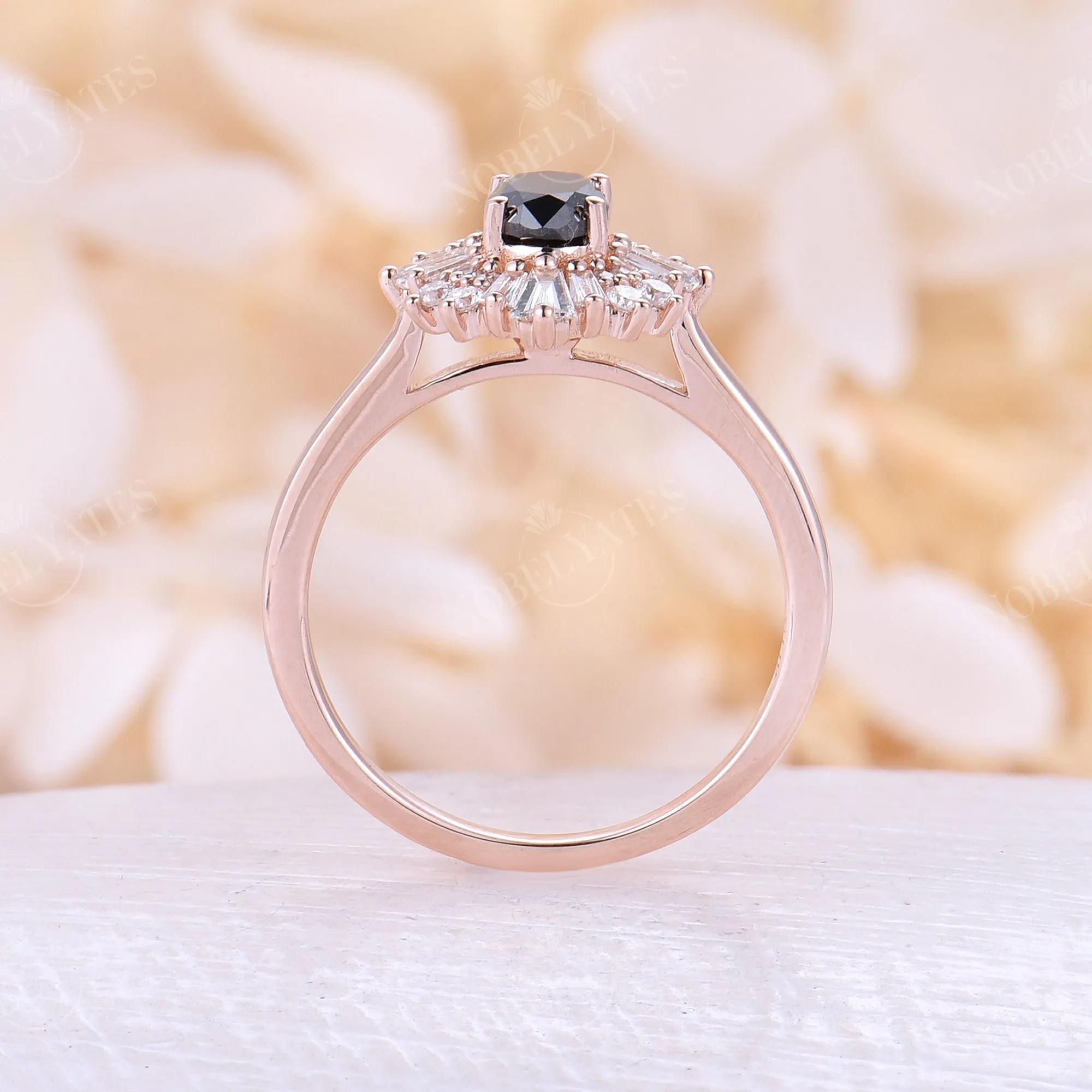 Oval Shape Black Onyx Rose Gold Halo Engagement Ring Art Deco