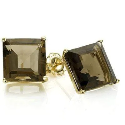 PERFECT 1 CARAT TW (2 PCS) SMOKEY TOPAZ 10K SOLID YELLOW GOLD EARRINGS