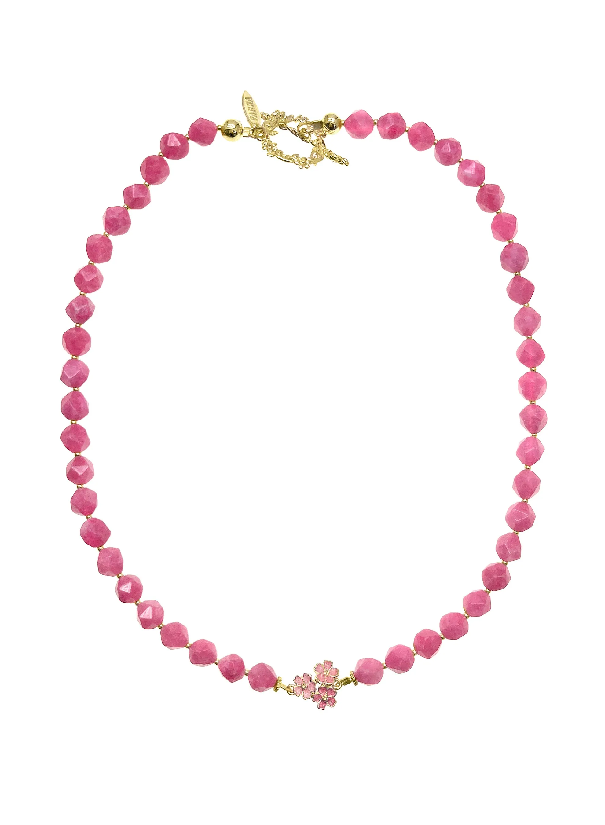 Pink Faceted Gemstone With Flower Pendant Necklace LN002