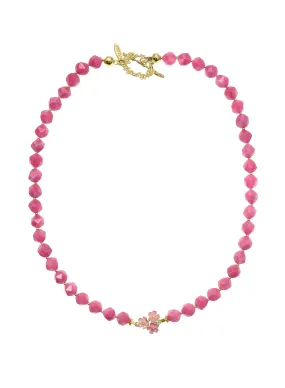 Pink Faceted Gemstone With Flower Pendant Necklace LN002