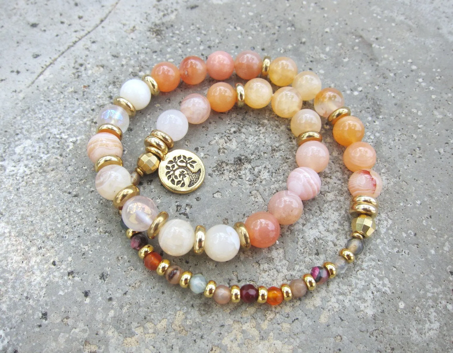 Pink Morganite, Moroccan Agate - Sacral Chakra Mala Bracelet in 27 Beads