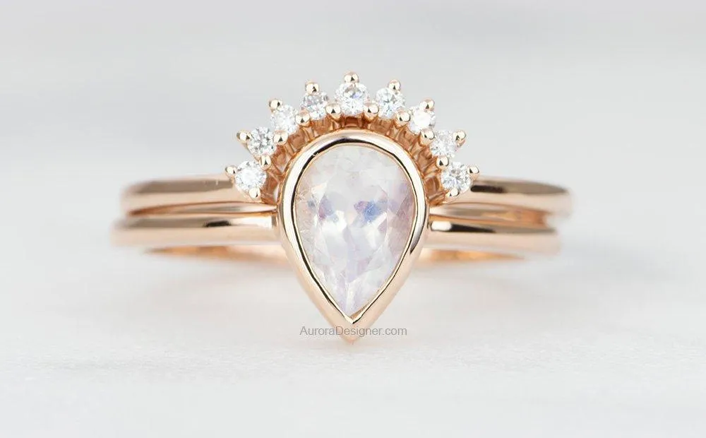 Rainbow Moonstone 14K Gold Engagement Ring Set with Two Diamond Wedding Bands AD1587