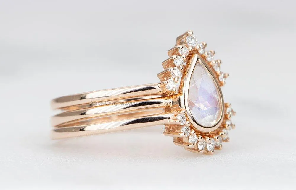 Rainbow Moonstone 14K Gold Engagement Ring Set with Two Diamond Wedding Bands AD1587