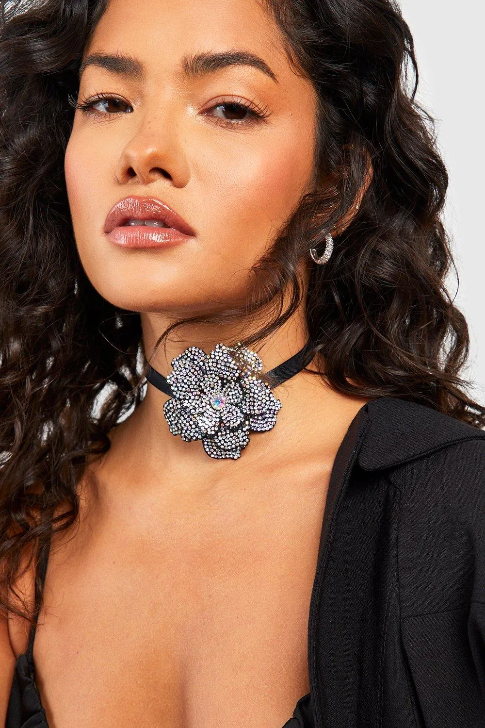 Rhinestone Flower Tie Choker